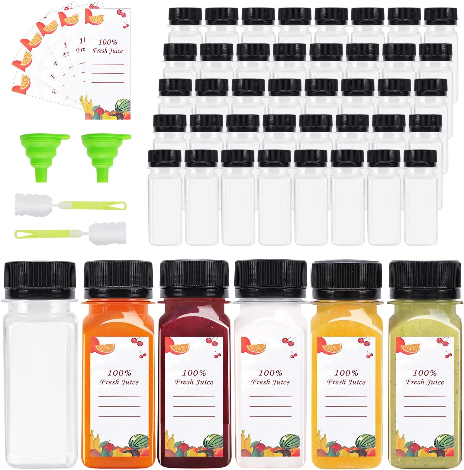 OBKJJ 40 pcs 2oz Pcs Juice Bottles, Juice Bottle with Caps Reusable Empty Clear Bottles with Label, Funnel, Brush Bulk Beverage Containers for Juicing, Drinking, Smoothie and Other Beverages (2-OZ)
