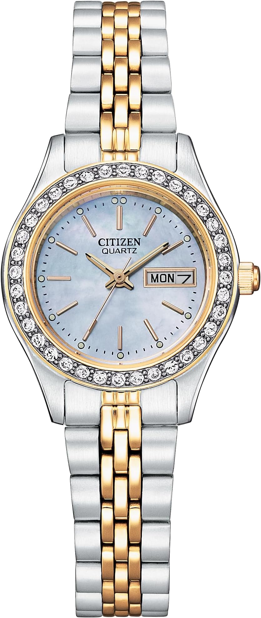 Ladies' Dress Quartz Stainless Steel Bracelet with Crystals and Day Date