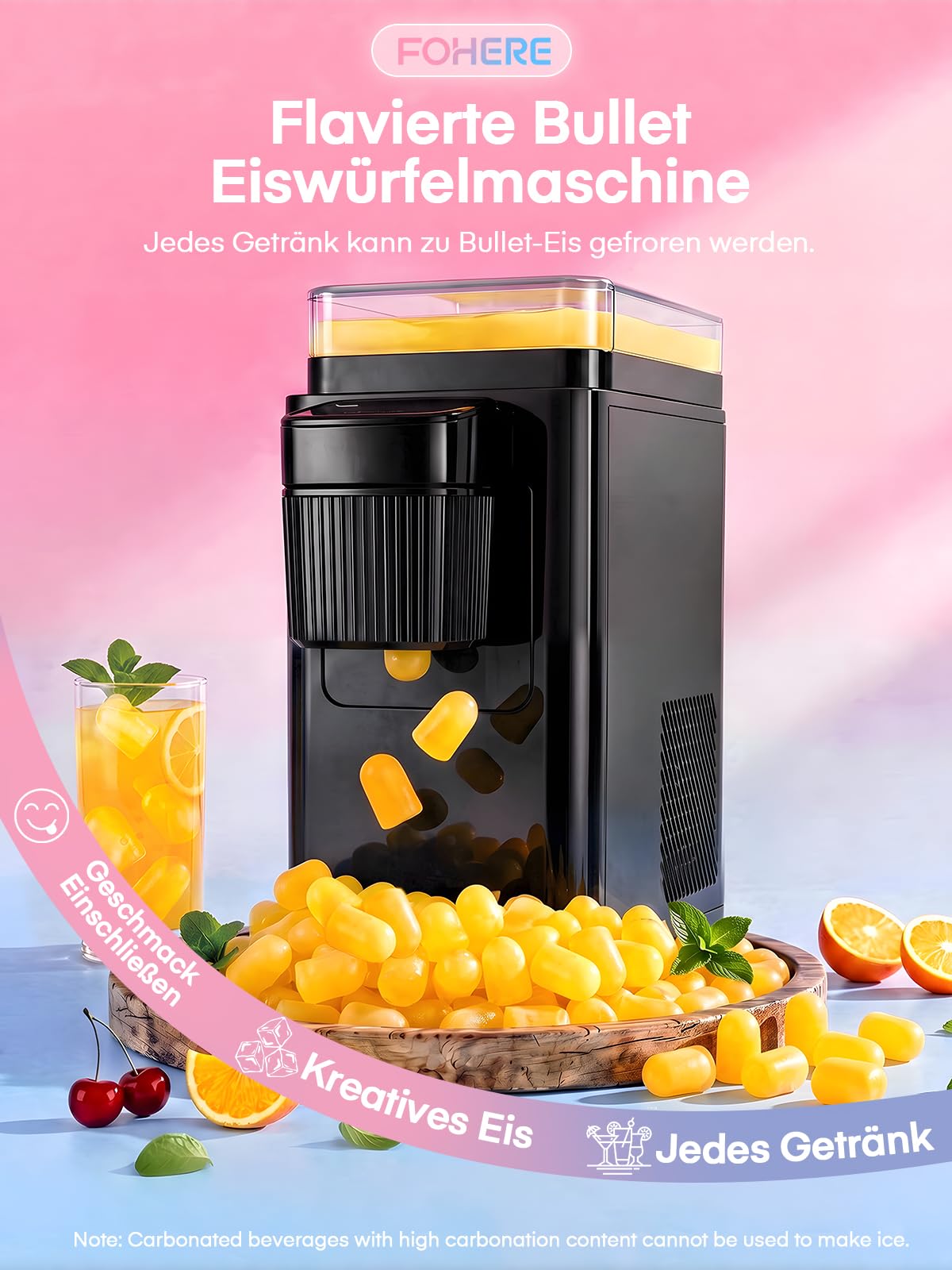 FOHERE Eiswürfelmaschine für Geschmack, Jedes Getränk zu Eiswürfeln, 5 Eiswürfel in 5 Min, 11 KG in 24 H, Tragbare Eiswürfelbereiter mit Bullet-Eis für Küche, Zuhause, Camping und Party