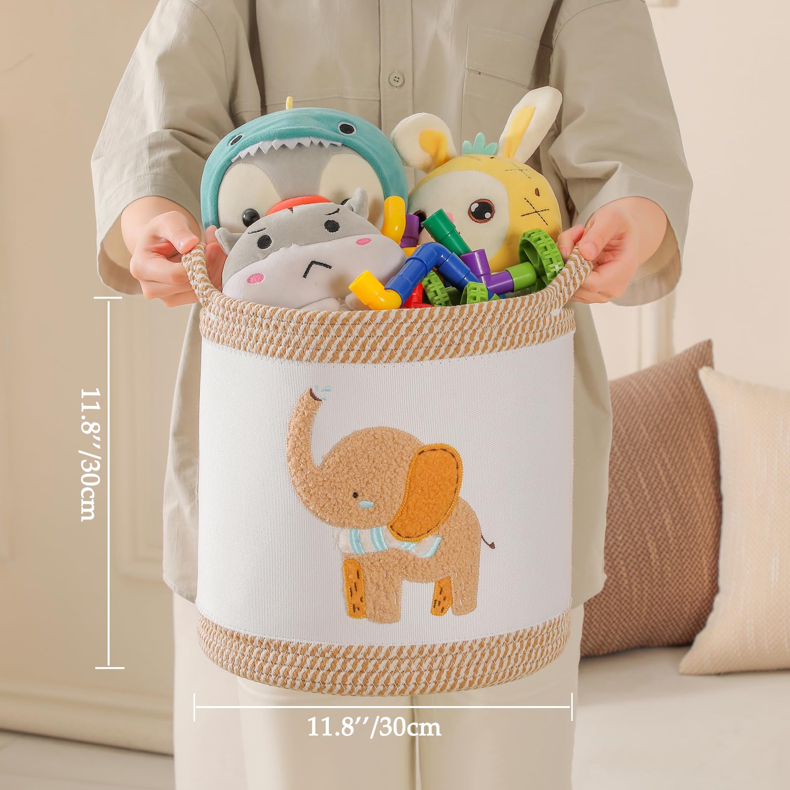 Paniers de jouets pour bébés tissés en 3 pièces, paniers à linge, organisateur de chambre d’enfant pliable pour jouets, Ensemble panier de rangement pour jouets avec motif lion, girafe, éléphant jaune