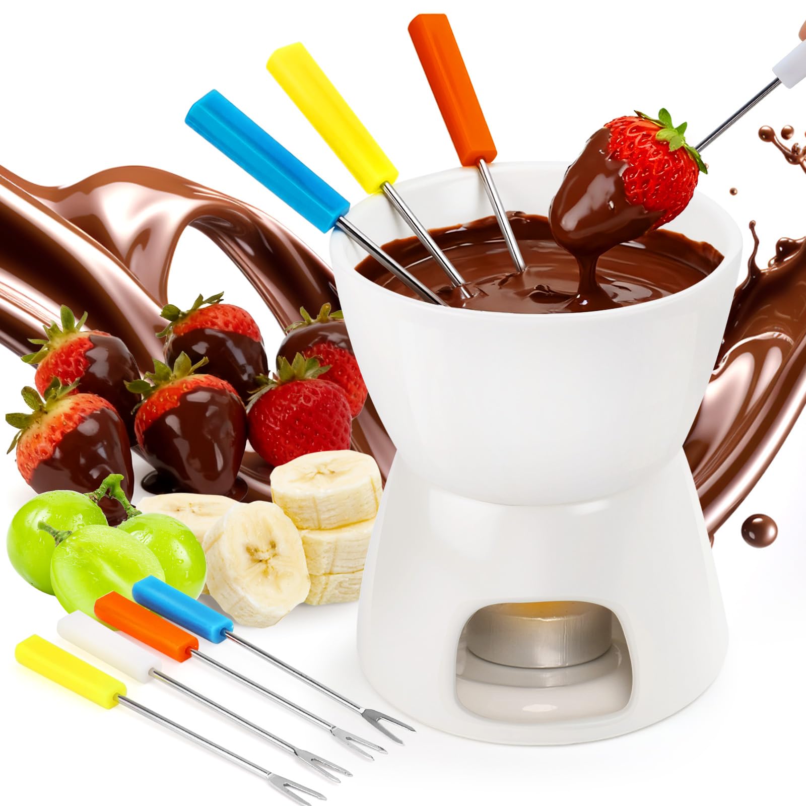 ELNLE Keramik Schokofondue Tasse Schokoladenfondue Sets, Schoko Fondue Tassen, mit 4 Gabeln, Chocolate Fondue Cup, für Schokolade Käse Fondue Familienessen Nachtisch (Schokoladenfondue, Weiß)