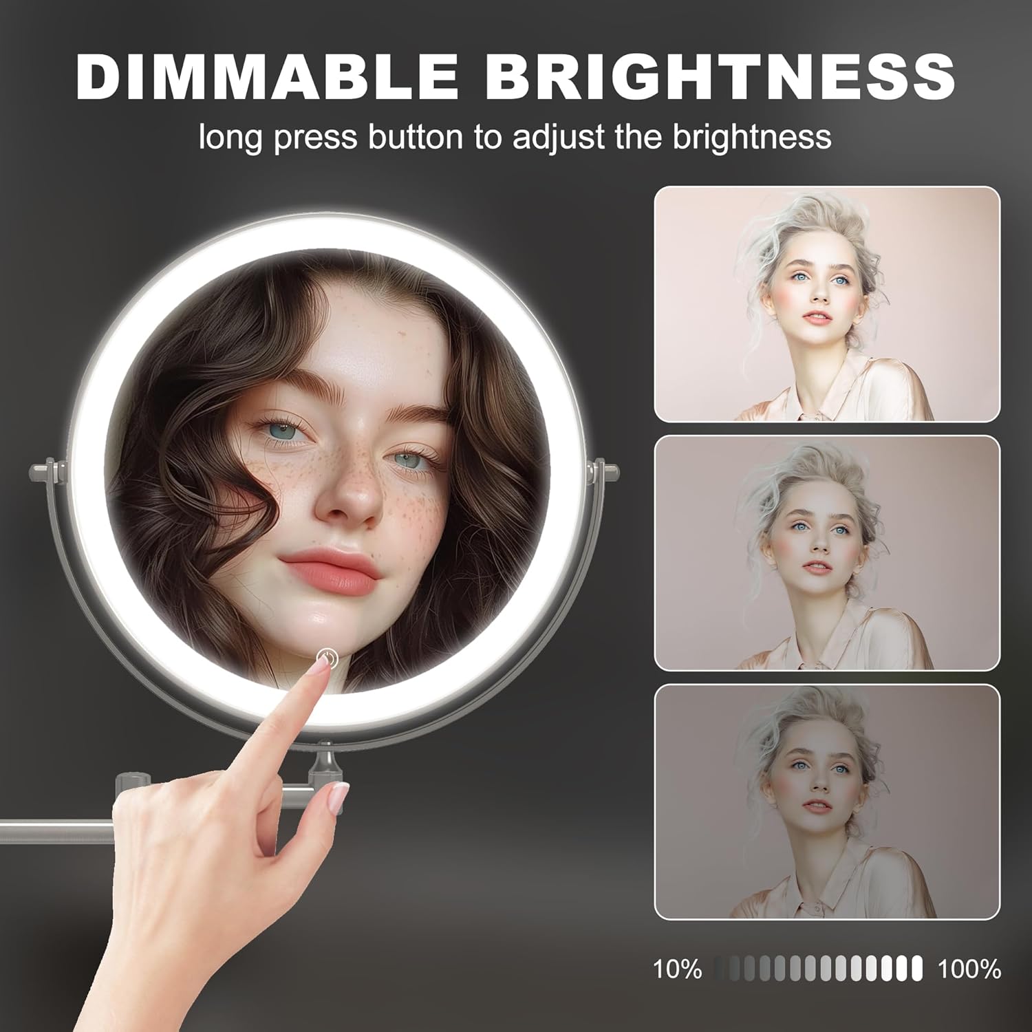 Hasipu 10-Inch Wall Mounted Makeup Mirror with Magnification, Rechargeable 3000 mAh Vanity Mirror with Lights, Bathroom Mirror with Dimmable Brightness, 3 Lighting Modes, Extendable Arm, Nickel