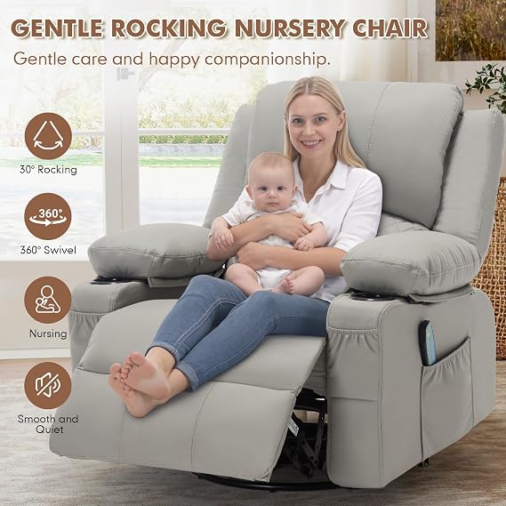 Oversized Manual Swivel Rocker Recliner Nursery Rocking Glider Chair, Grey