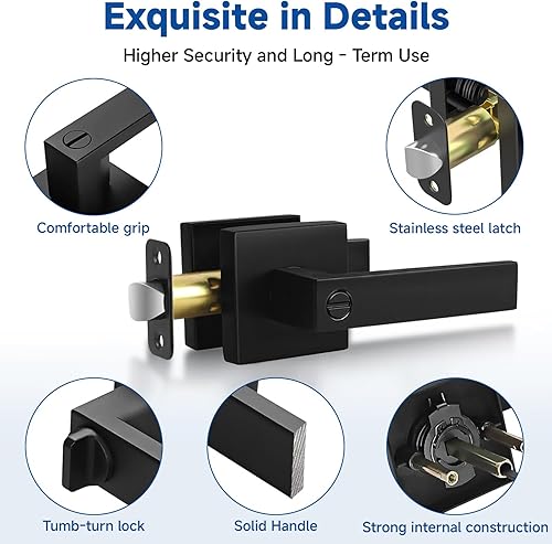 Vista 28 de Estmoon Paquete de 2 manijas de puerta de paso, pomos de puerta color negro mate, manijas de puerta cuadradas interiores, manijas resistentes sin