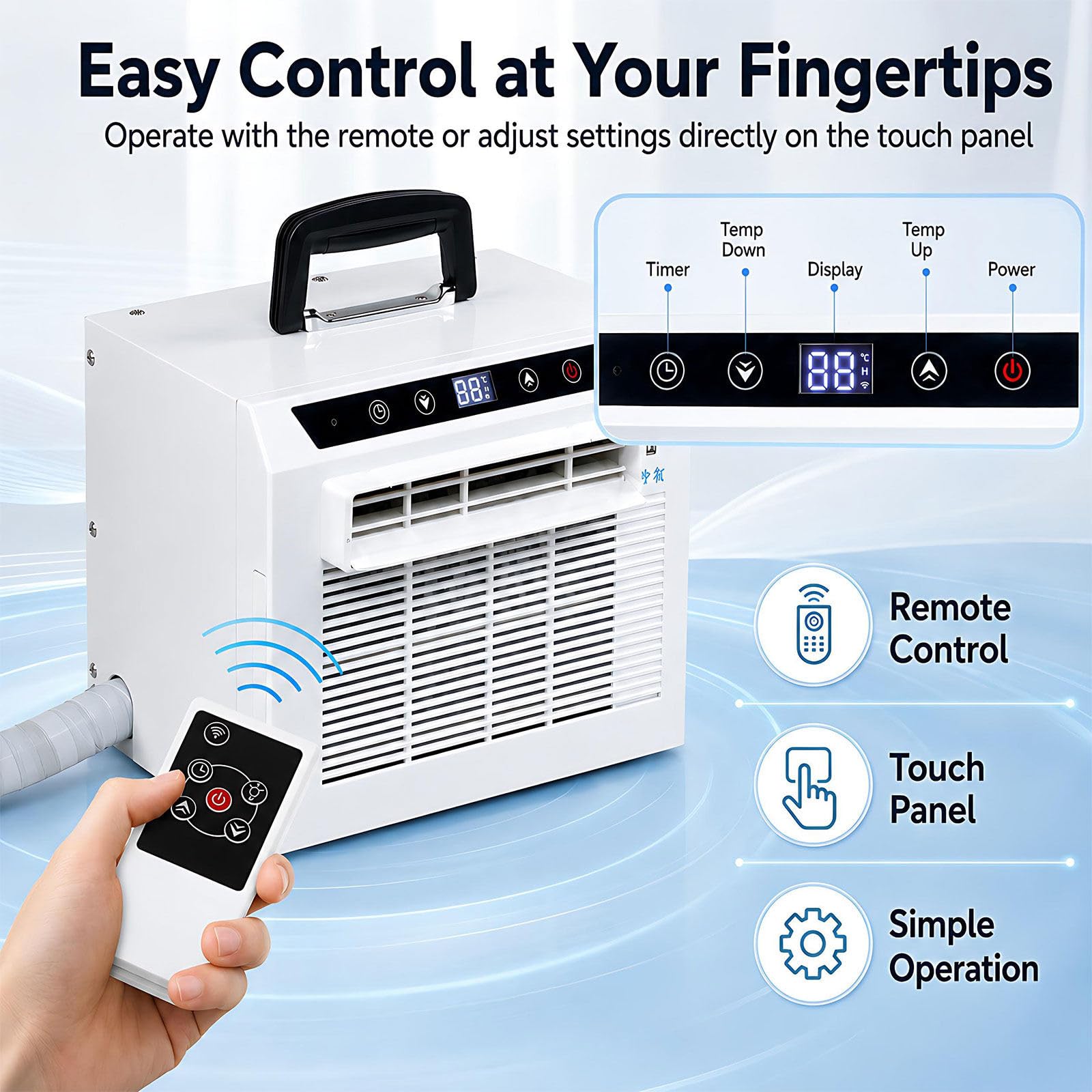 Mini Split Portatile 3000BTU – Silenzioso – Leggero 220V-1.5Metre | Doppio controllo: pannello touch sull'unità + telecomando wireless per massima comodità.