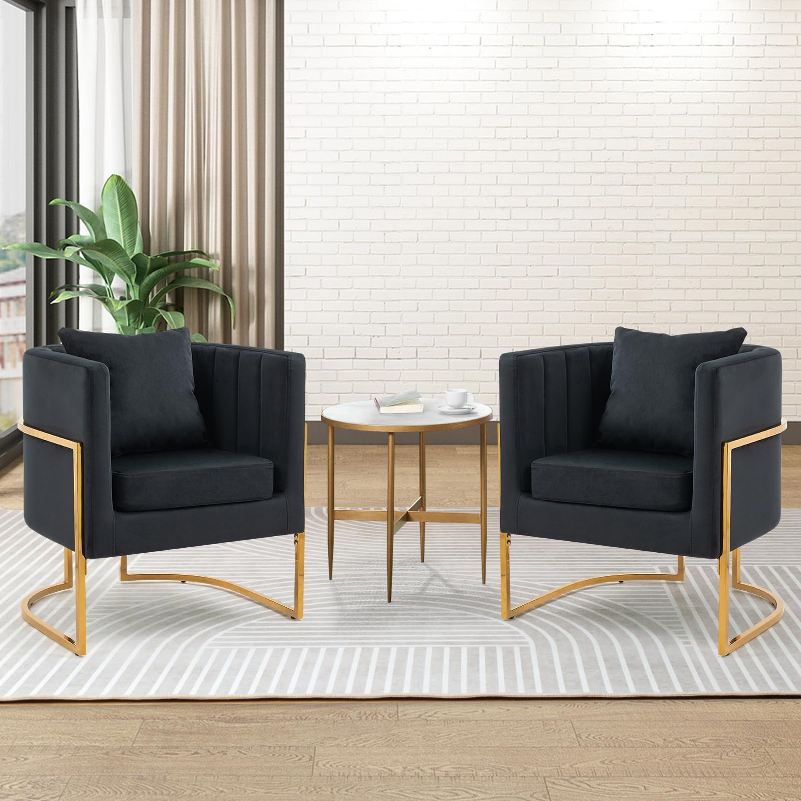 Velvet Modern Accent Chairs Set of 2, Upholstered Barrel Armchair Mid Century with Pillow for Living Room, Comfy Single Vanity Chair with Metal Gold Legs for Bedroom, Black