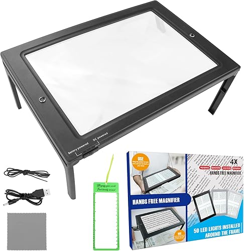 Miniatura 6 de Lupa 4X manos libres, lupa grande de lente acrílica, lupa rectangular de página completa, 50 luces LED, iluminada, plegable, portátil de escritorio