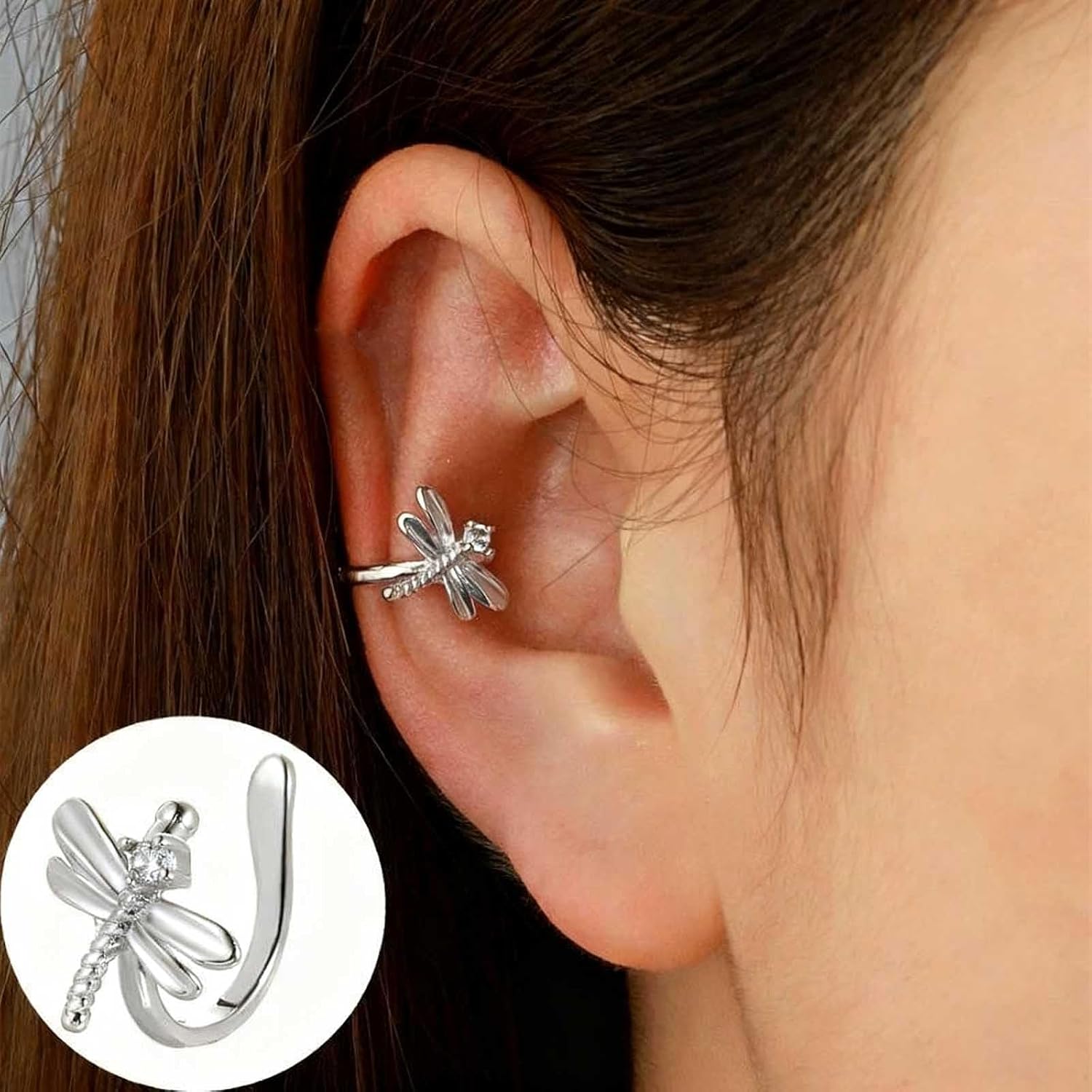 Andelaisi Boho Crystal Dragonfly Ear Cuff - Vintage Gold Clip On Earrings - No Piercing Cartilage Jewelry for Women