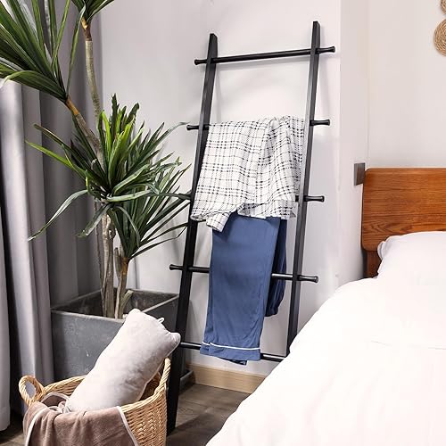 Miniatura 44 de Escalera para mantas, soporte de edredón de madera de 6 niveles, estante decorativo para escalera, estante inclinado, estante de almacenamiento