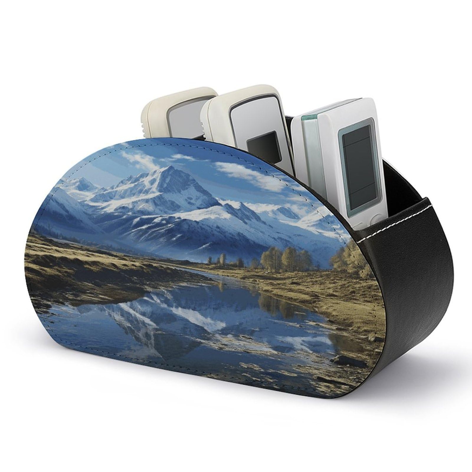 Support de télécommande en cuir PU Snowy Mountains avec 5 compartiments