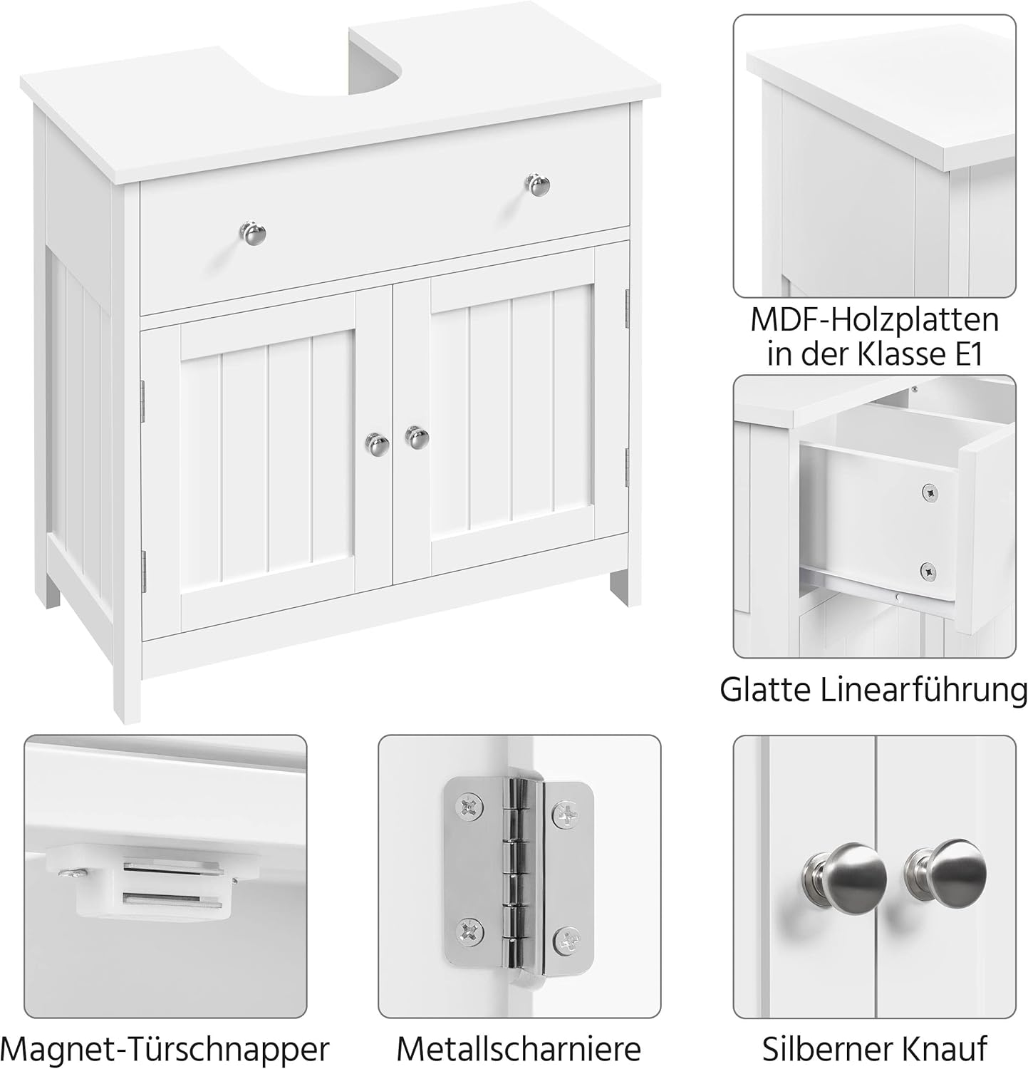 Close-up details of the cabinet construction including MDF panels, drawer runner, magnetic catch, metal hinges, and silver knob.