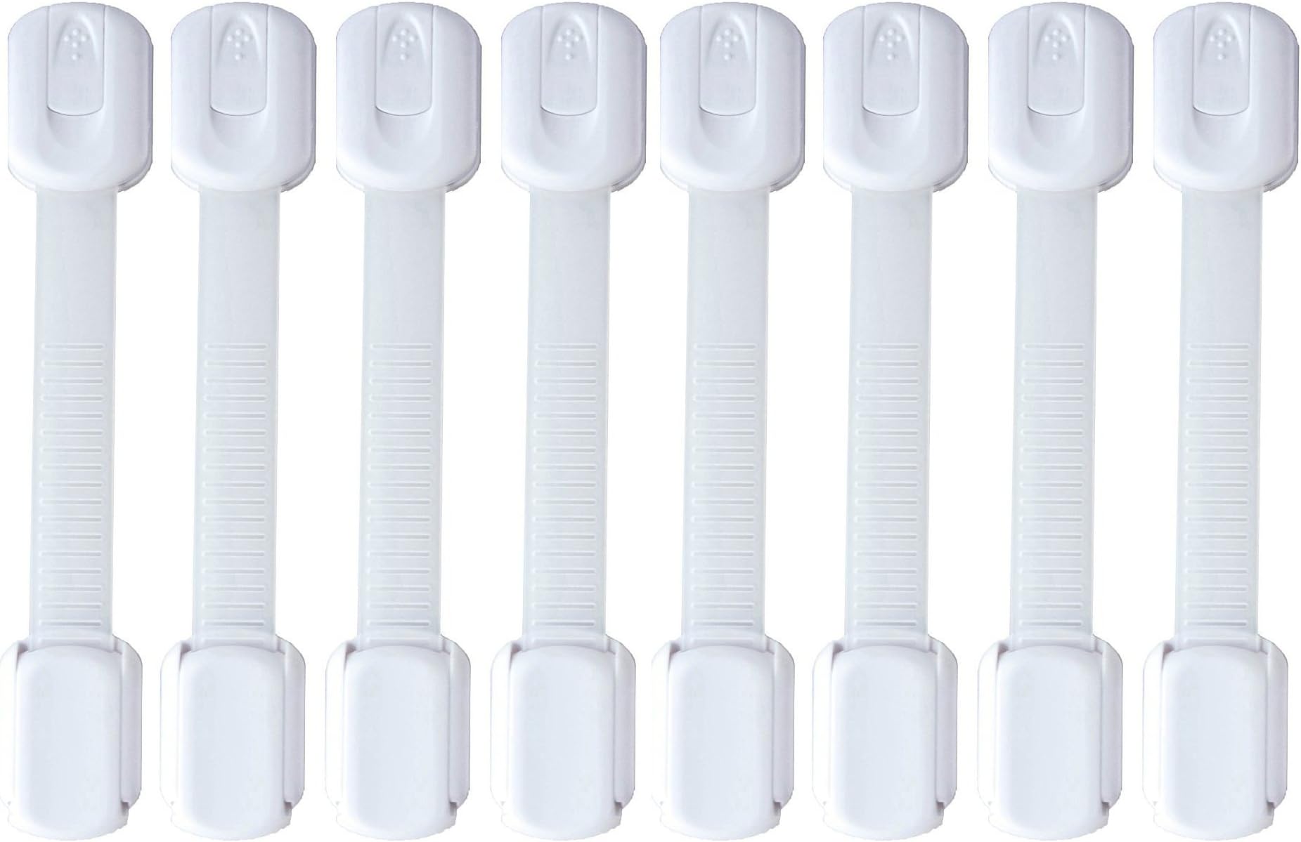 8 Adjustable Child Safety Locks (White) - Uses 3M Adhesive with Adjustable Strap and Latch System for Cabinets & Drawers - For Baby Proofing Cabinets, Drawers, Easy Installation, Ideal for Home Safety