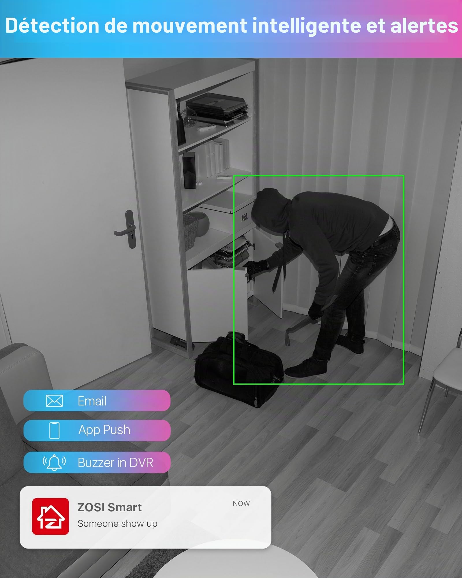 ZOSI 8CH 1080P Kit Surveillance DVR 1To avec Caméra Extérieure Filaire 2MP | Détection IA Personne et Véhicule, Alerte Instantanée et APP Gratuite pour Accès à Distance