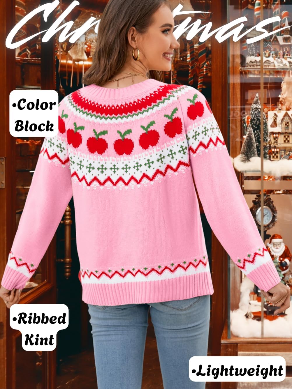 Fairisle Sweater,Crewneck Patterned Sweaters for Women,Vintage Christmas Thanksgiving Knit Tops - Image 4