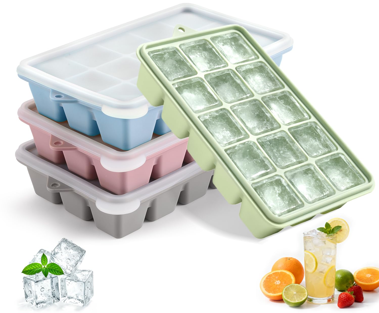 4-Pack Silicone Ice Cube Trays with Lid, Easy Release Ice Cube Molds, Reusable and Stackable Ice Trays for Freezer for Cocktail, Whiskey, Baby Food, BPA Free (Multicolour)