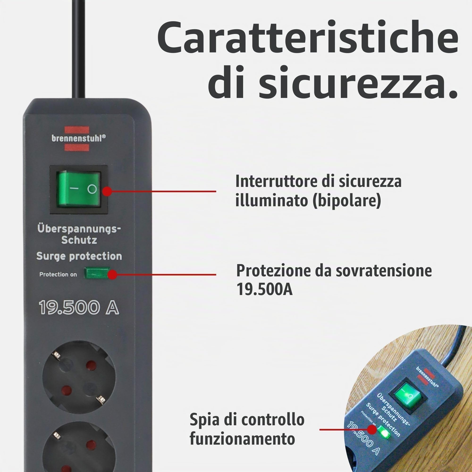 Brennenstuhl, Secure-Tec 19.500A presa multipla con protezione di sovratensione 6 prese