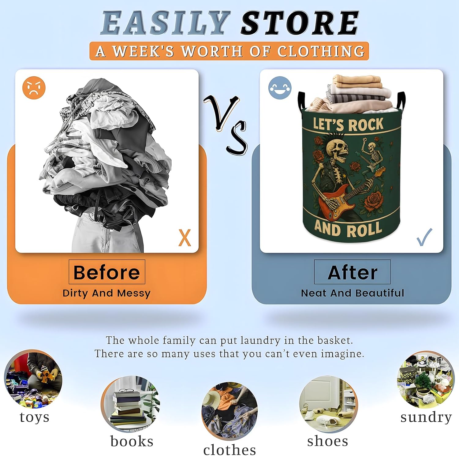Retro Skull Guitar Laundry Basket, Skeleton Floral Music Storage Hamper, Round Collapsible Waterproof Cloth Bin, 19.7x15.7 Inch Vintage Clothes Organizer Gifts for Bathroom Decor image 4