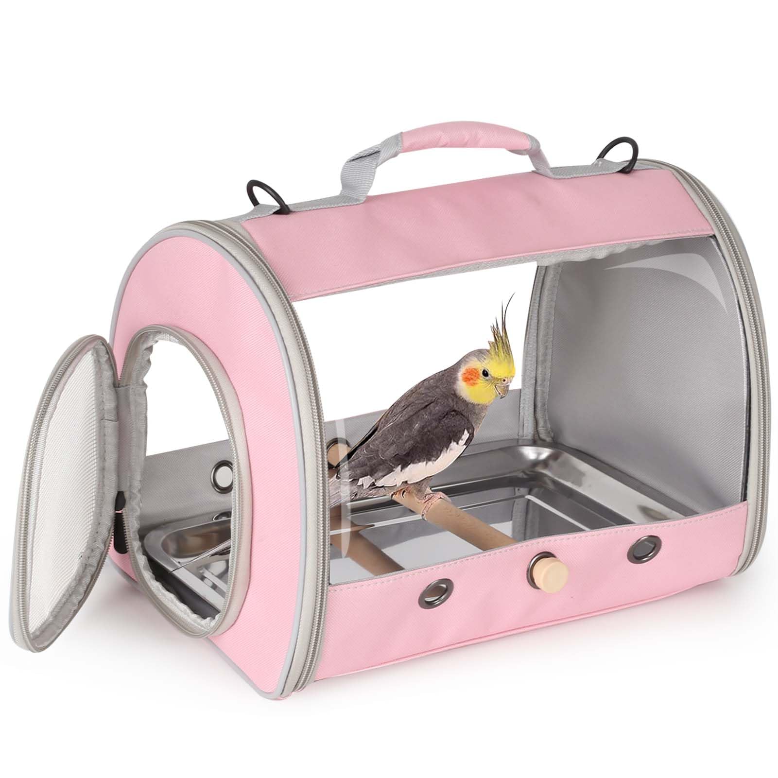 Bird Carrier, Portable Small Bird Parrot Parakeet Carrier with Standing Perch and Stainless Steel Tray, Side Access Window Collapsible (Pink, Cylinder Design - Clear)