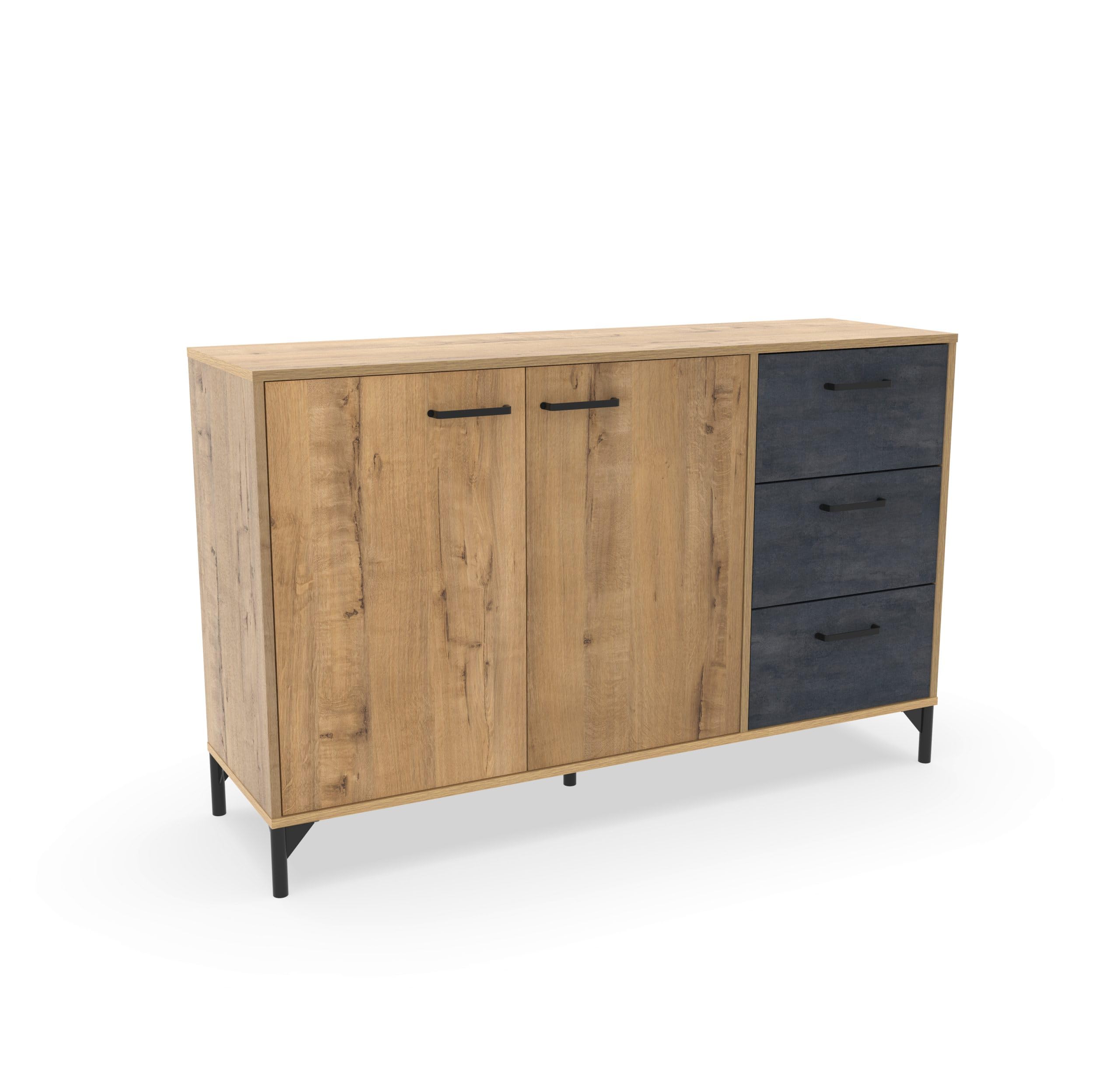 Aparador Salón Comedor, Buffet, Mueble Auxiliar, 2 puertas y 3 Cajones, Roble Gold combinado con imitacón mármol negro, 85x135x40cm, Despensa, Cocina, Despacho, Moderno, Industrial, modelo Nantes