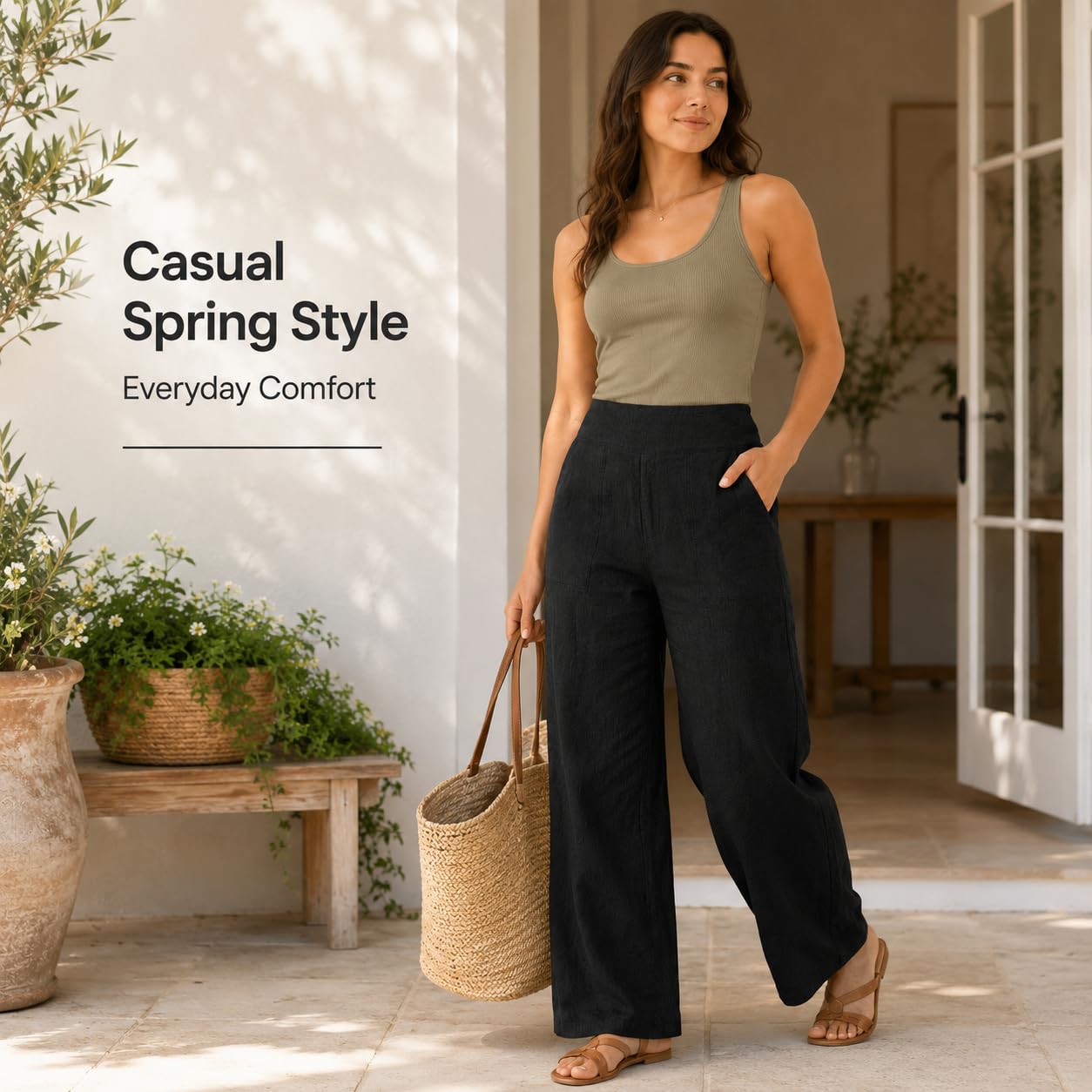 Pantalon Femme Gaze De Coton Fluide Pantalons Ete Lin Taille Haute Décontracté Chic Et Elegant Pantalons Léger Respirant Confortable Baggy Jogging Ample Casual Sport Pants Vacances Quotidien