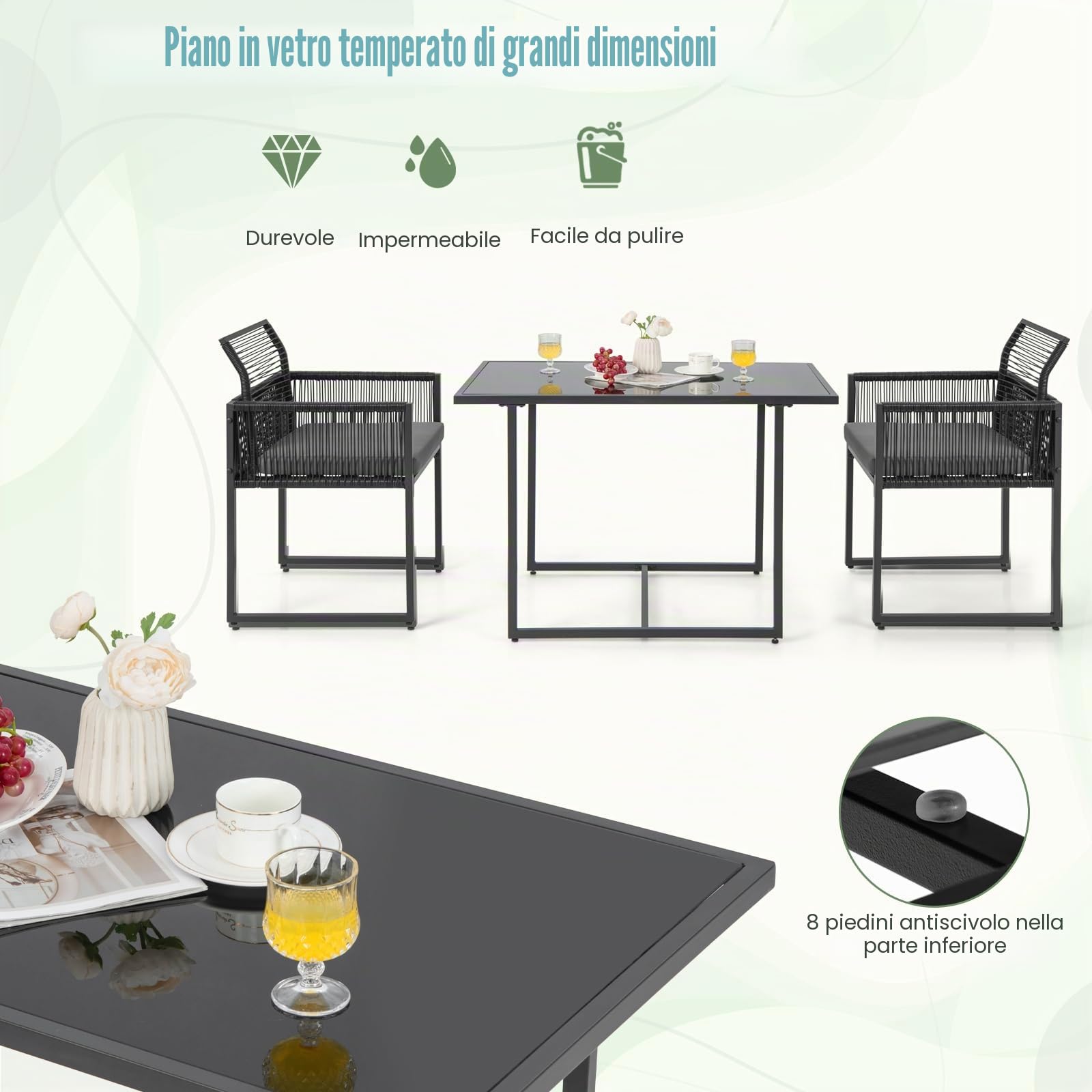 LIFEZEAL Set Giardino da Esterno in Rattan PE, Divanetto con Cuscini Rimovibili e Tavolo in Vetro Temperato, Poltrone da Giardino con Tavolino, Salottino per Balcone e Terrazza, Poltrone per Pranzo