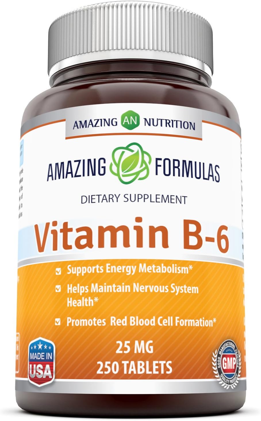 Amazing Nutrition Vitamin B6 Dietary Supplement – 25 mg, 250 Tablets (Non-GMO,Gluten Free) – Supports Healthy Nervous System, Metabolism & Cell Health: Health & Personal Care