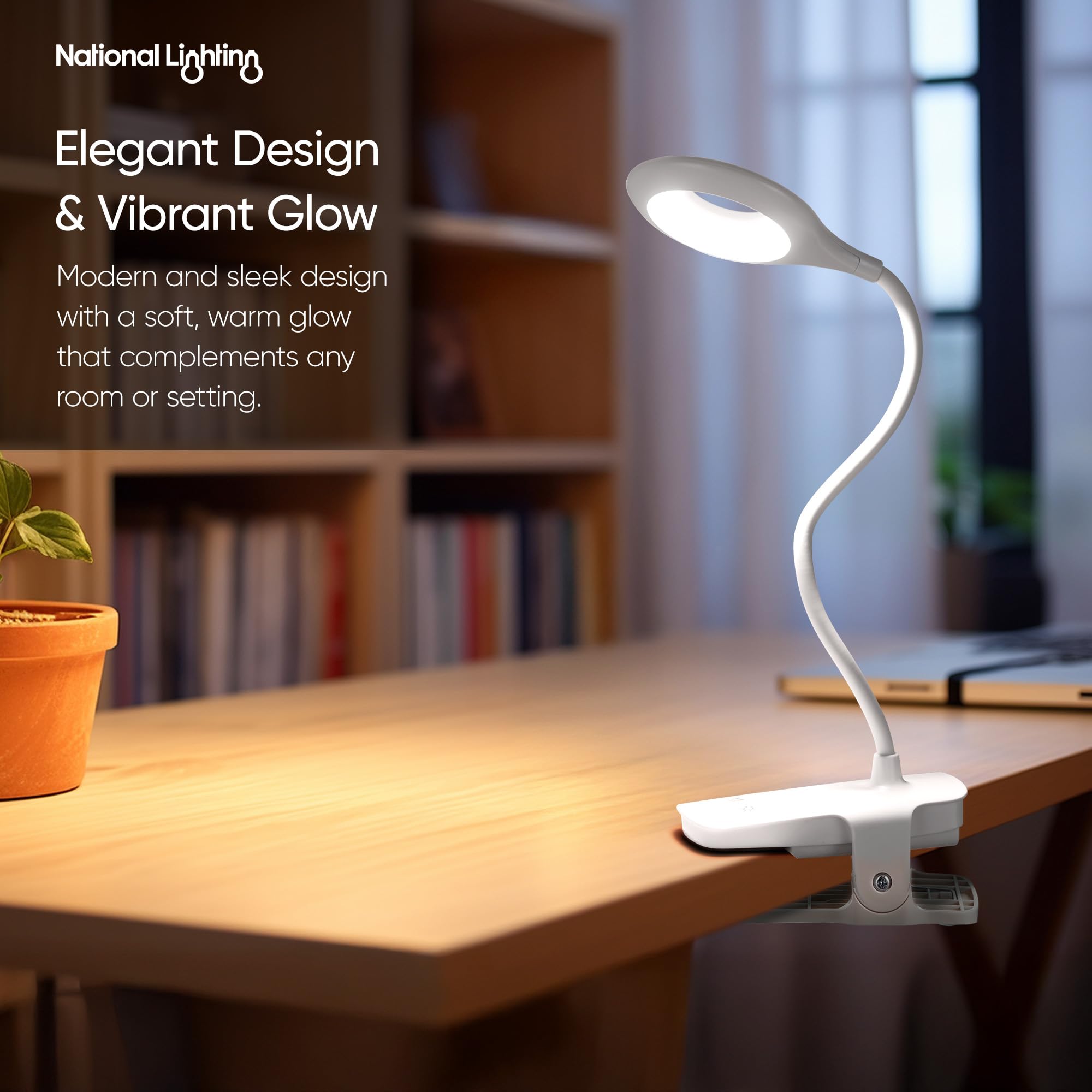 National Lighting Dimmable LED Clip On Light, 4.5W Touch Control LED Lamp with Flexible Neck & Strong Clamp - Image 2