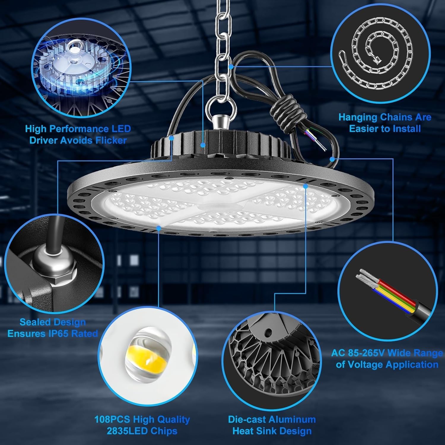 UFO Projecteur LED Industriel 100W 15000LM, 6500K Blanc Froid UFO Lampe Atelier High Bay Lumière, IP65 Étanche Projecteur LED Plafonniers pour Stade Garage Usine Atelier Gymnase