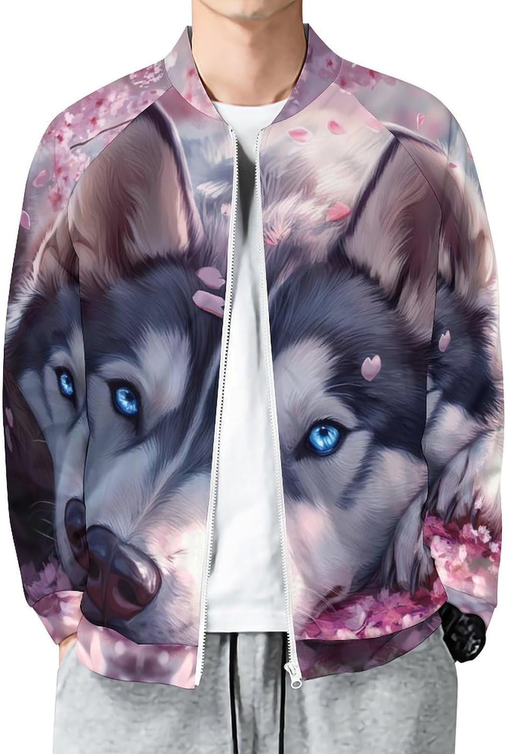 Cute Dog Husky Men's Zip Up Sweatshirt Casual Sweater Jackets Long Sleeve Tops Lightweight Coat