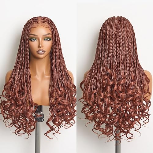 Frodio Braided Wig Veralux™ Fiber Full Lace 24 Inch Braided Wigs With Curly Ends For Black Women Synthetic Full Lace French Knotless Curl Ginger Cololr Box Braid Wig Natural Scalp