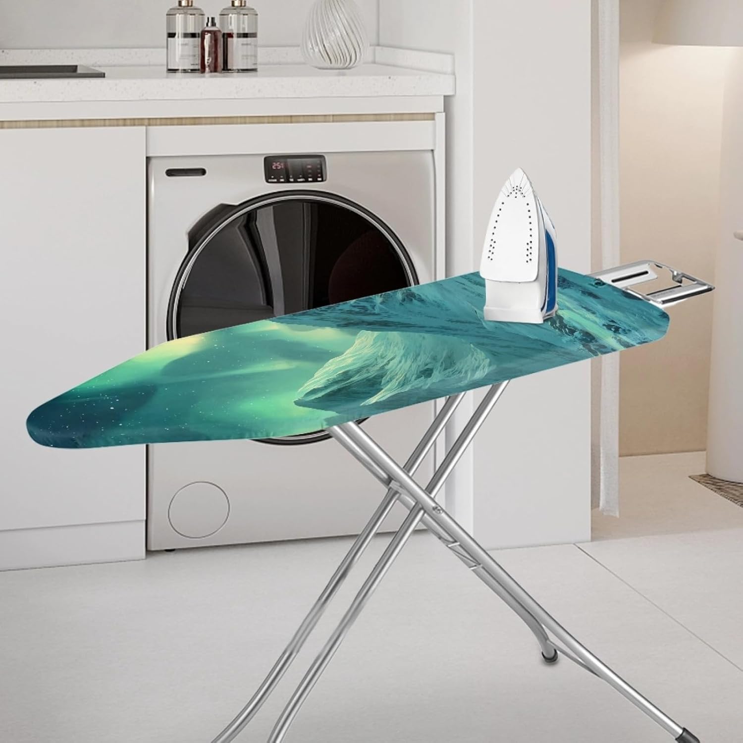 Ironing Board Cover 14x48 Green Yellow Polar Iron Board Cover with Padding Heat Reflective,Scorch Resistant Thick Padding,Snug Fit Non-Slip Nose Pocket Fastener Straps Elastic Edges