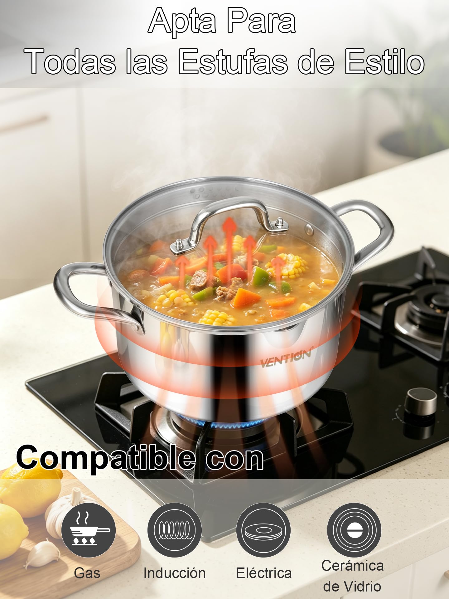 VENTION Olla de Acero Inoxidable de Triple Capa con Tapa Coladora de Vidrio, olla Multiusos para Pasta de 5,3 Litros, olla para Inducción con dos Boquillas Laterales.