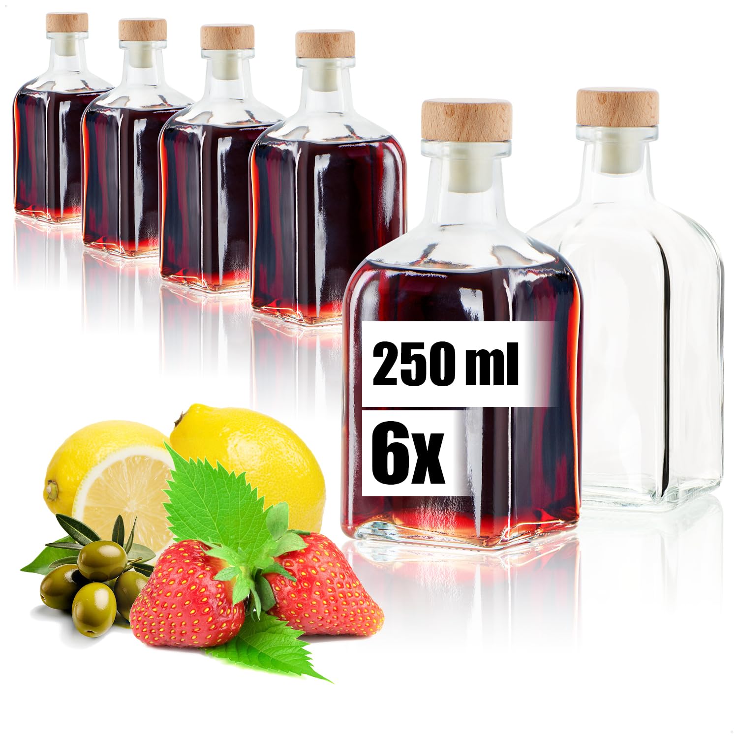Wilhelm Sell Transparent, Brown Wilhelm Sell® 6X Glass Bottles 250 Ml With Cork, Empty Containers For Filling With Liquids Like Oil, Vinegar Or Spirits