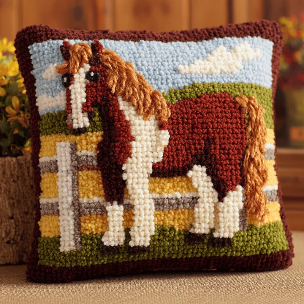 Kitquiver Latch Hook DIY Pillow Kit,Horse Handmade Cushion Cover 43X43Cm