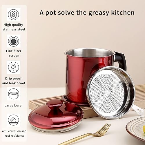 Miniatura 7 de Kyraton Recipiente de grasa de tocino con colador, recipiente de aceite de acero inoxidable rojo brillante de metal de 48 onzas, almacenamiento de