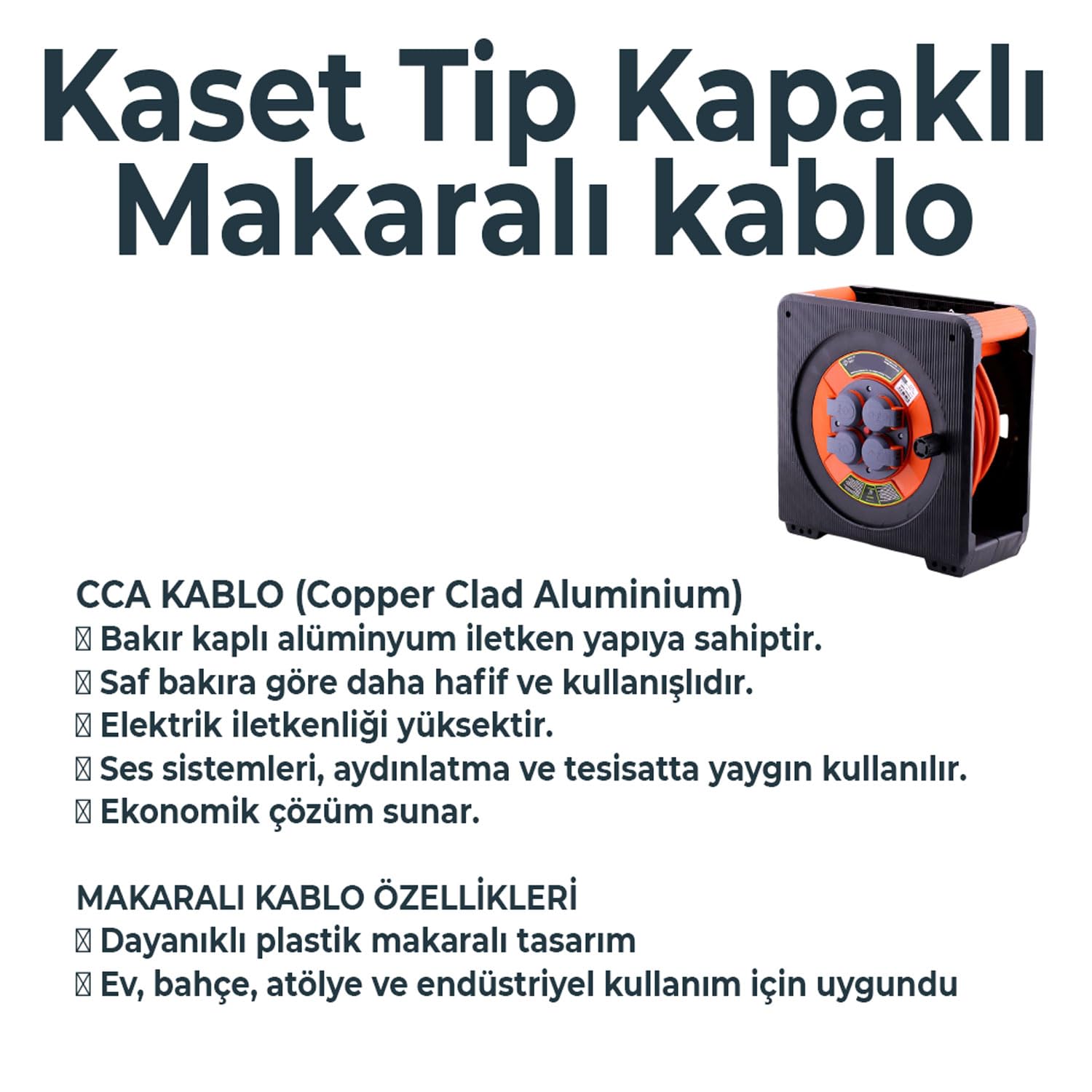 Makaralı CCA Uzatma Kablosu 3x1.5 mm 35 Mt Kapaklı 4 Prizli Monofaze Termal Sigortalı Plastik Seyyar