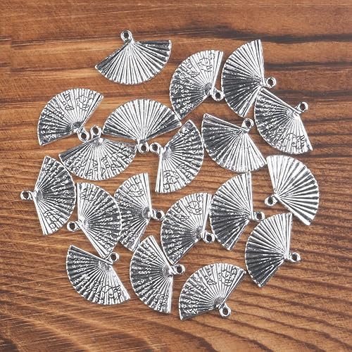 Miniatura 3 de 50 dijes de plata con forma de abanico chino, dijes de cuentas de metal para manualidades y fabricación de joyas, Metal Plata, No es una piedra