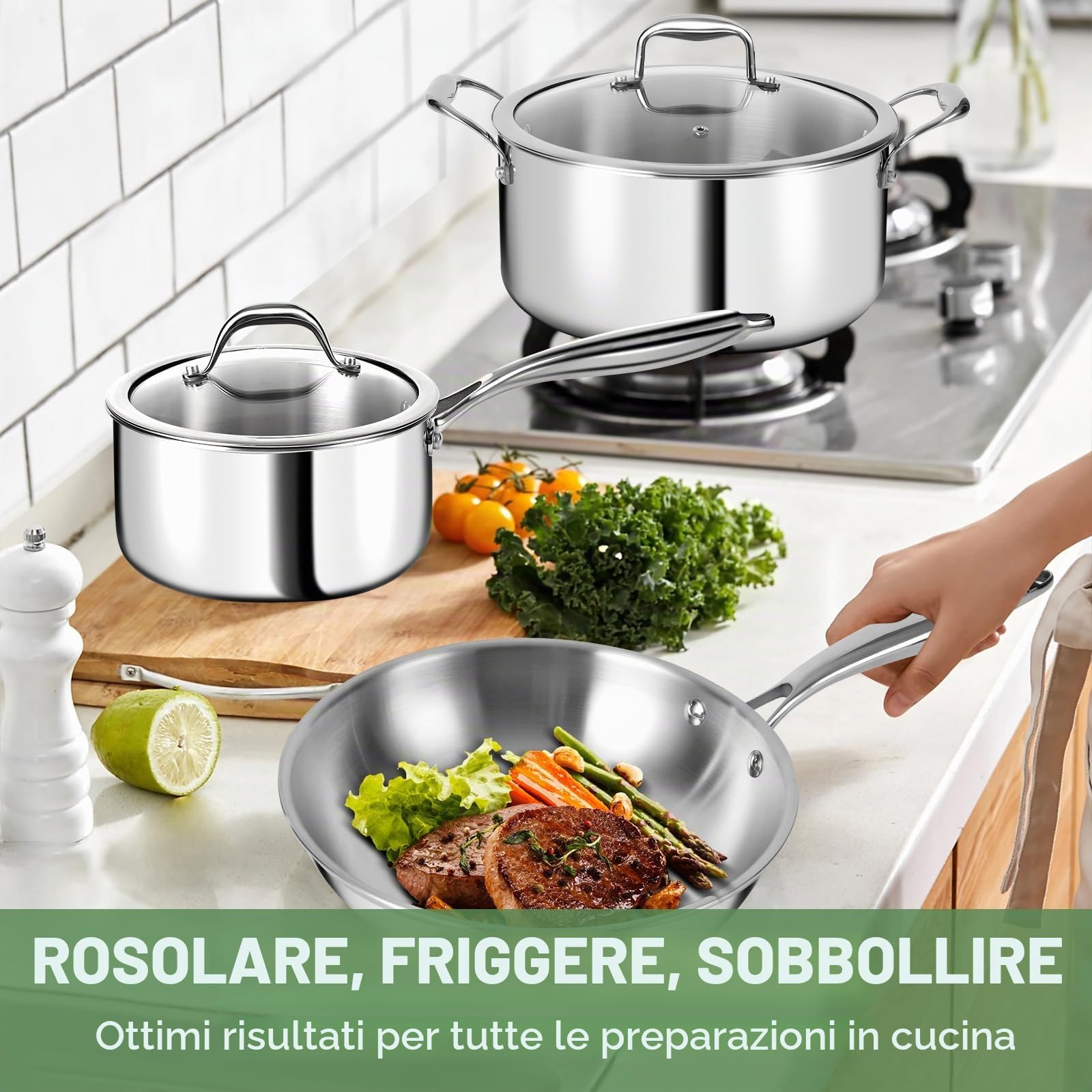 Set di pentole e padelle in acciaio inox a 3 strati - Set di pentole da 11 pezzi con coperchi in vetro - Set di pentole e padelle a induzione - Set di pentole e padelle, adatto al forno, senza PFOA