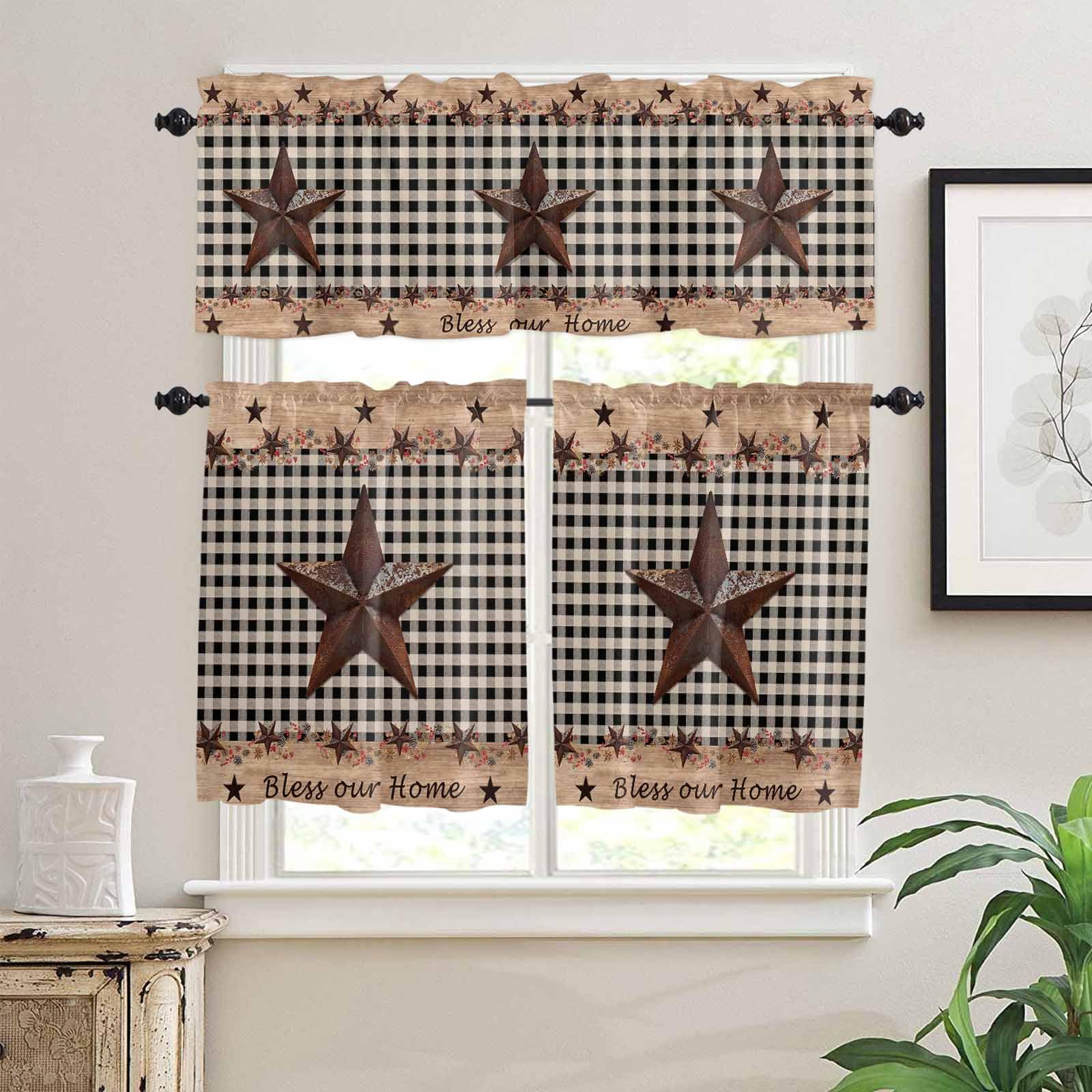 Texas Star Plaid Kitchen Curtains 36 Inch Length, 3 Piece Rod Pocket Small Half Tiers and Valance Set, Farmhouse Black Brown Texas Vintage Small Large Window Treatment Decor for Bedroom/Bathroom Sink