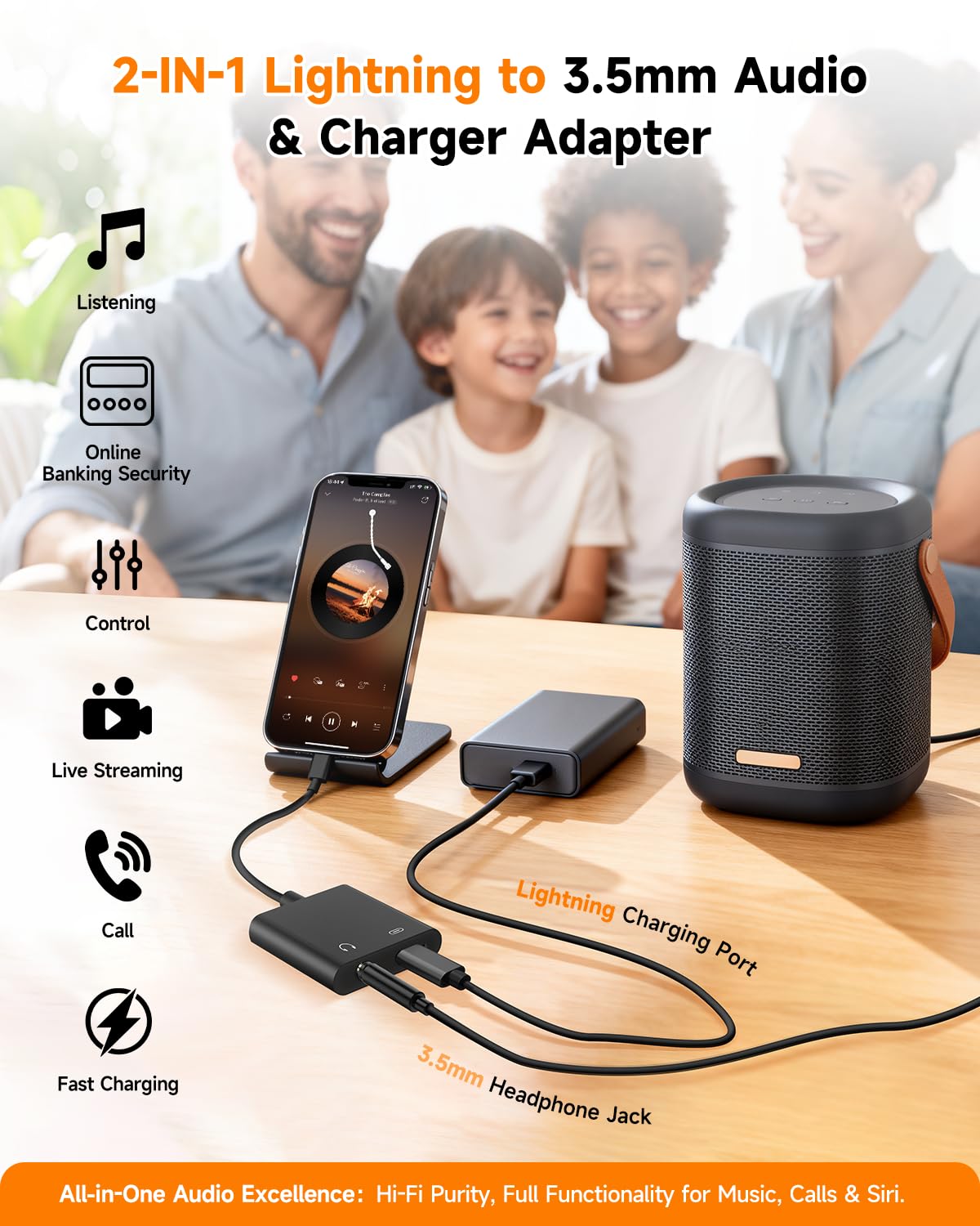[Certificato MFi] Splitter 2 in 1 da Lightning a audio e caricabatterie da 3,5 mm per cuffie e ricarica rapida, compatibile con iPhone 14/13/12/11/X/8/iPad, AUX per auto, giochi, live streaming