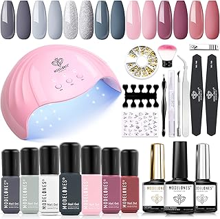 Modelones Gel Nail Polish Manicure Set Starter Kit with 48W U V Light, Bond Primer, 7 Colors Pink Grey Nail Gel, Base Coa...