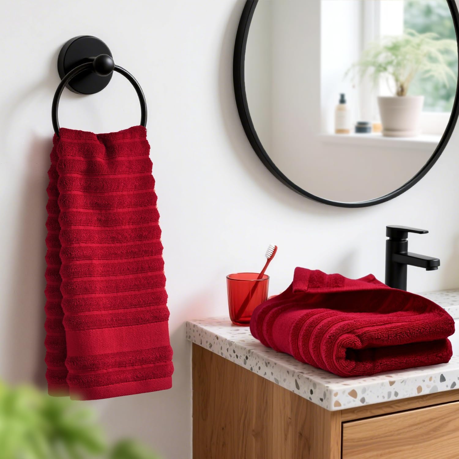 Jacquotha Red Hand Towels for Bathroom Ribbed - Set of 2, Decorative Cotton Textured Towels for Valentines Day Festive Decor Gifts, 13x29 Inches - Image 3