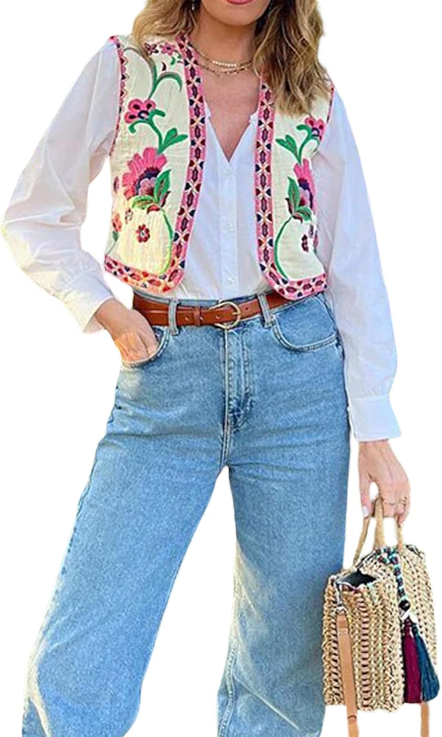 NUFIWI Women Vintage Embroidered Floral Vest Top Y2k Sleeveless Open Front Crop Vest Boho Floral Waistcoat Jacket - Image 3