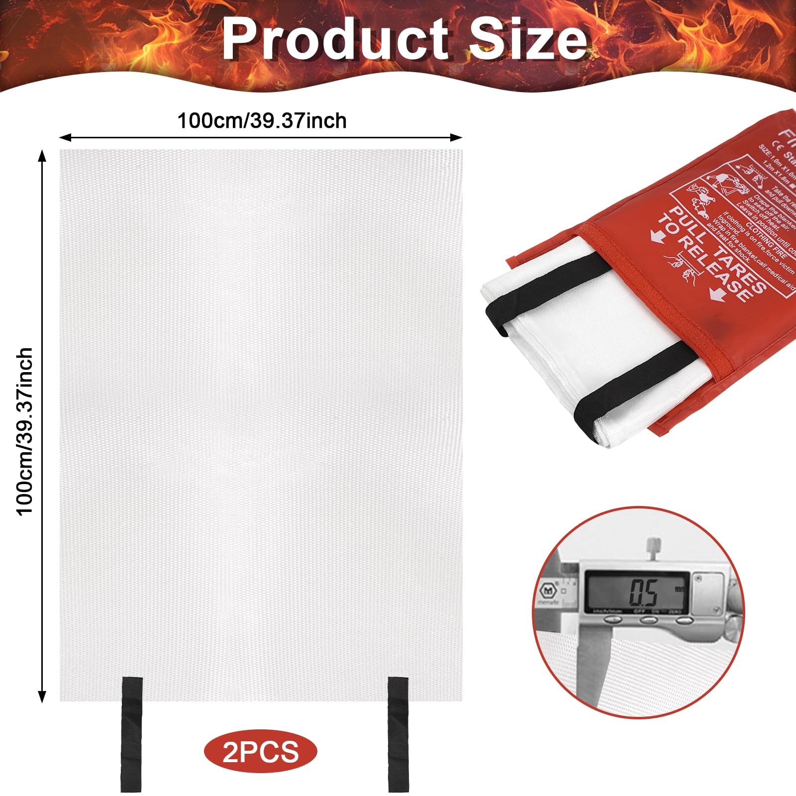 100x100CM Large Fire Blanket With Loops, Fiberglass Flame Retardant Fire Blanket - Image 2