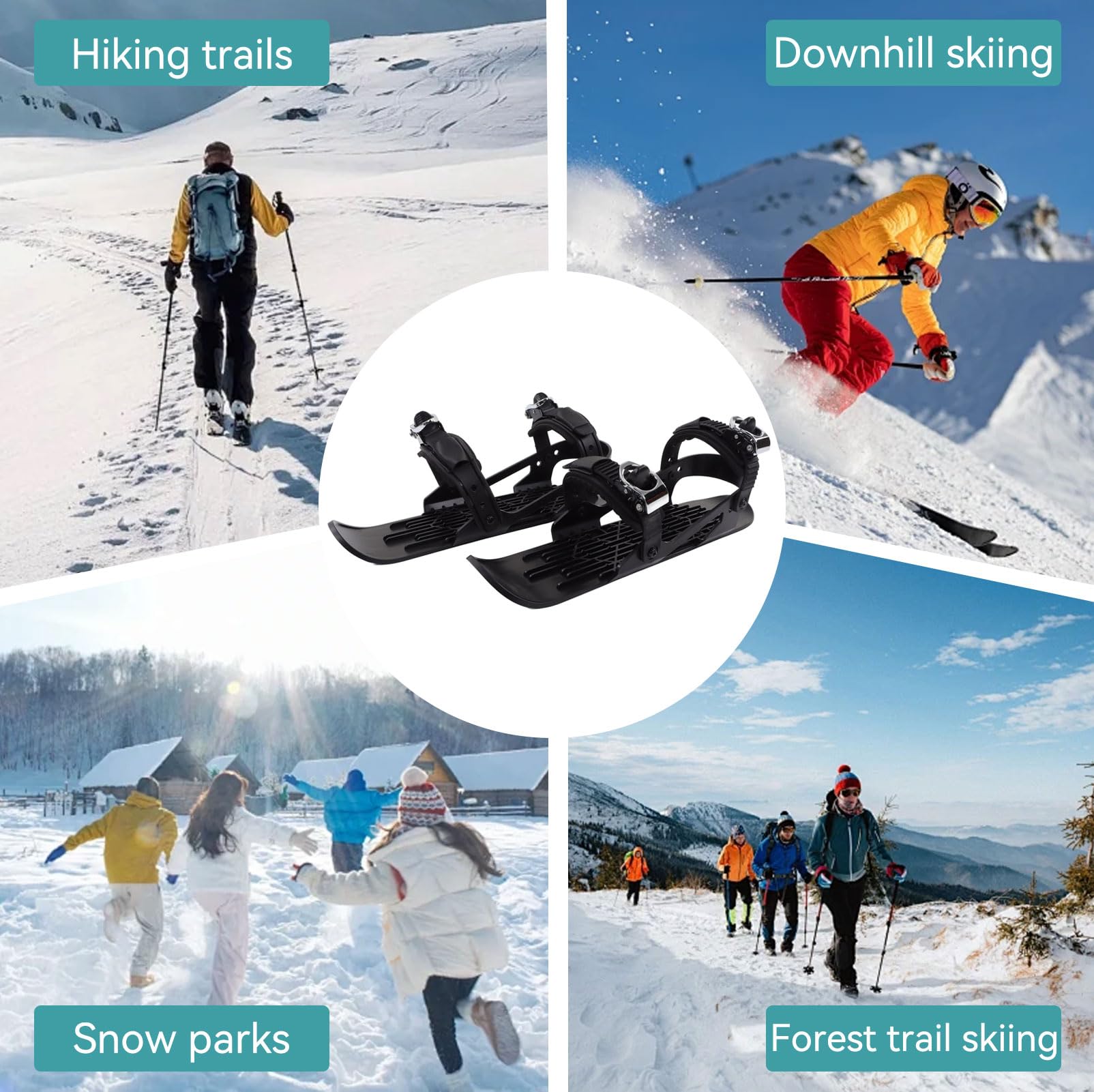 Mini-Ski-Skates, Mini-Ski-Schuhe, verstellbare Skiboards, zur Befestigung an Skischuhen, Snowskates, Snowblades, Skiboards für Abfahrtspisten, Wintersport (Schwarz)