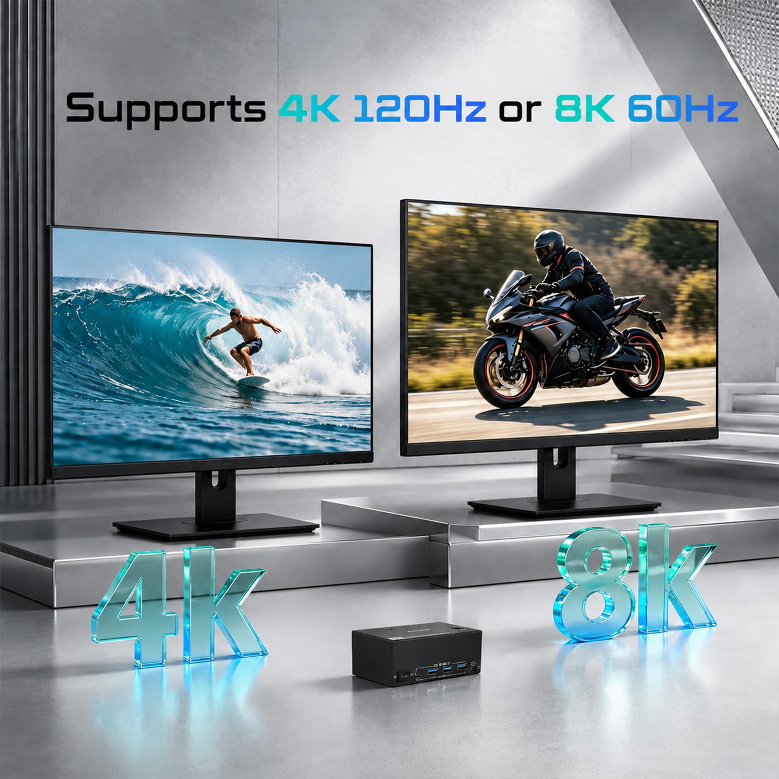 KVM Switch 2 PC 3 Moniteur 8K60Hz, Commutateur KVM 3 HDMI avec Contrôleur de Bureau, USB 3.0 pour Deux Ordinateurs, Prend en Charge Mode Étendu et Mode Dupliqué, Adaptateur 12V Inclus
