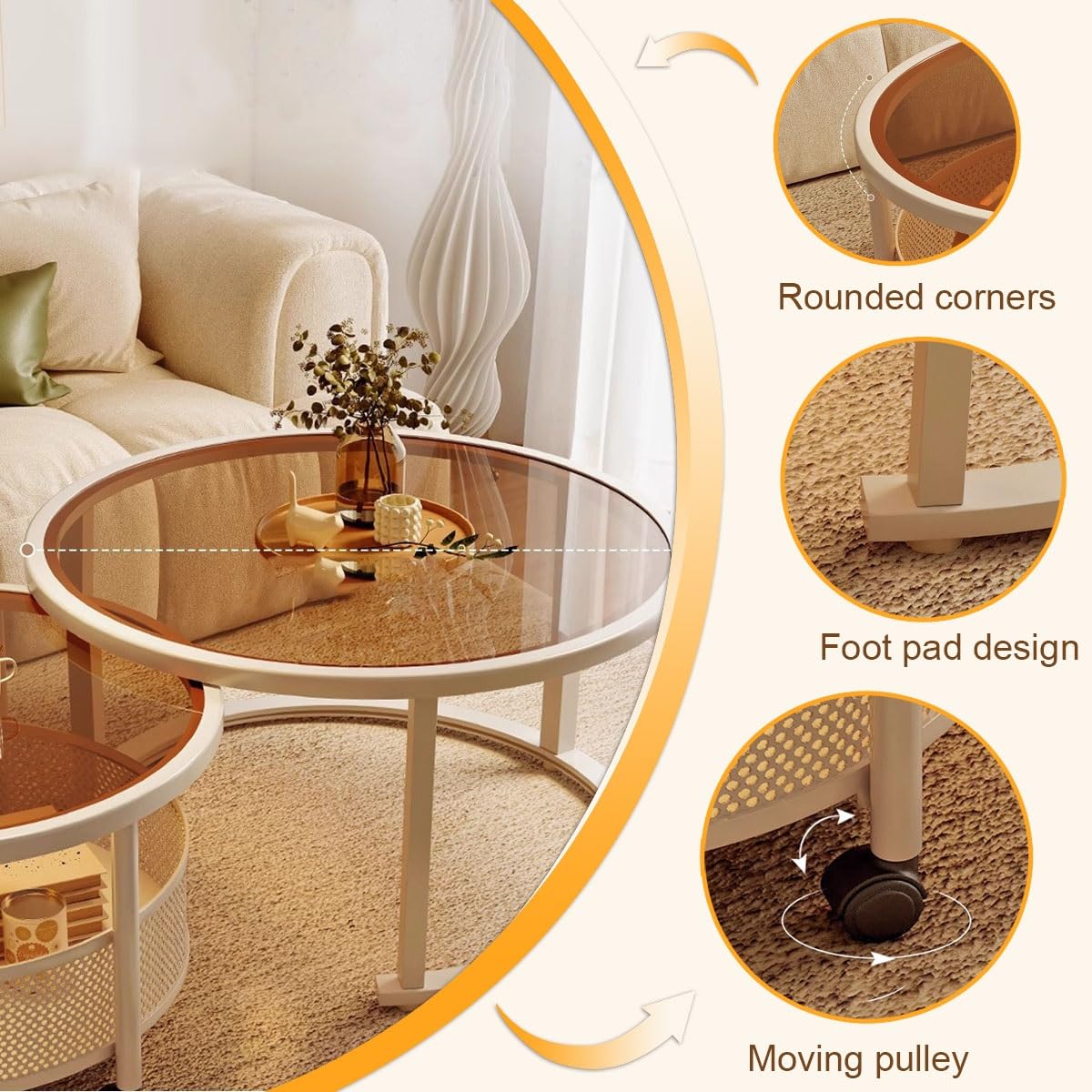 Set di tavolini impilabili con piano in vetro e struttura in metallo, design salvaspazio impilabile per soggiorno, camera da letto o ufficio