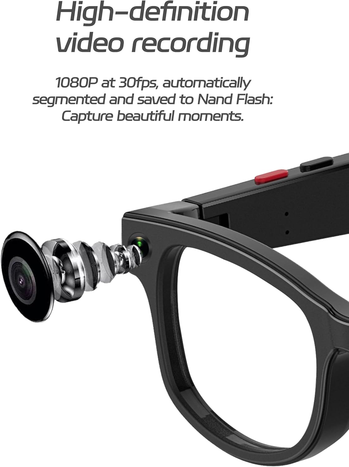 Close-up of the camera lens on the smart glasses