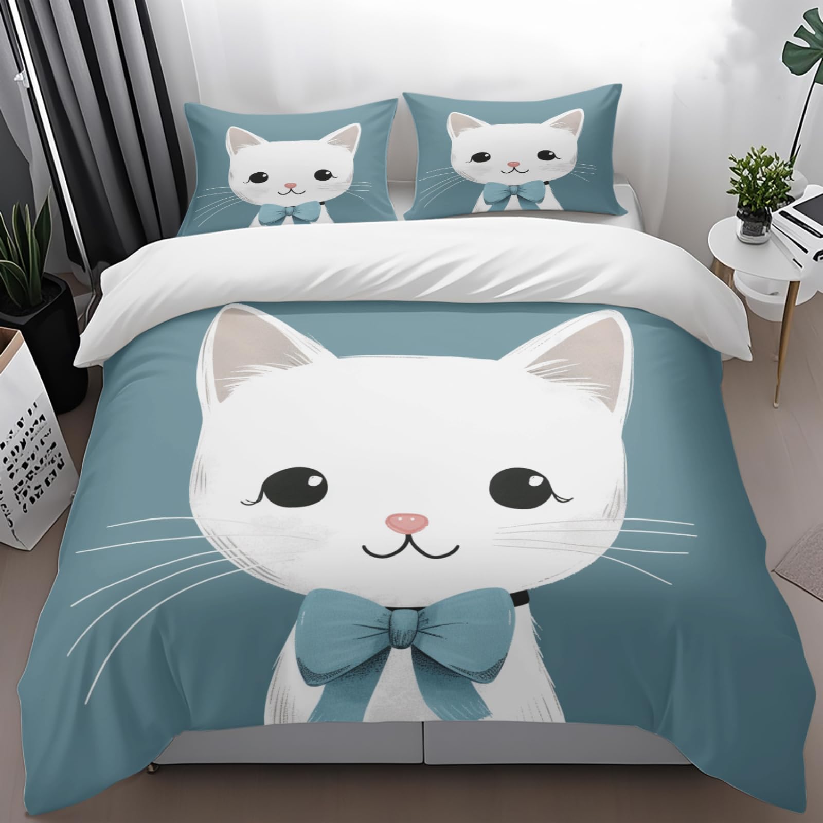 Housse de couette bleu chat pour deux personnes finie la corvée de repassage