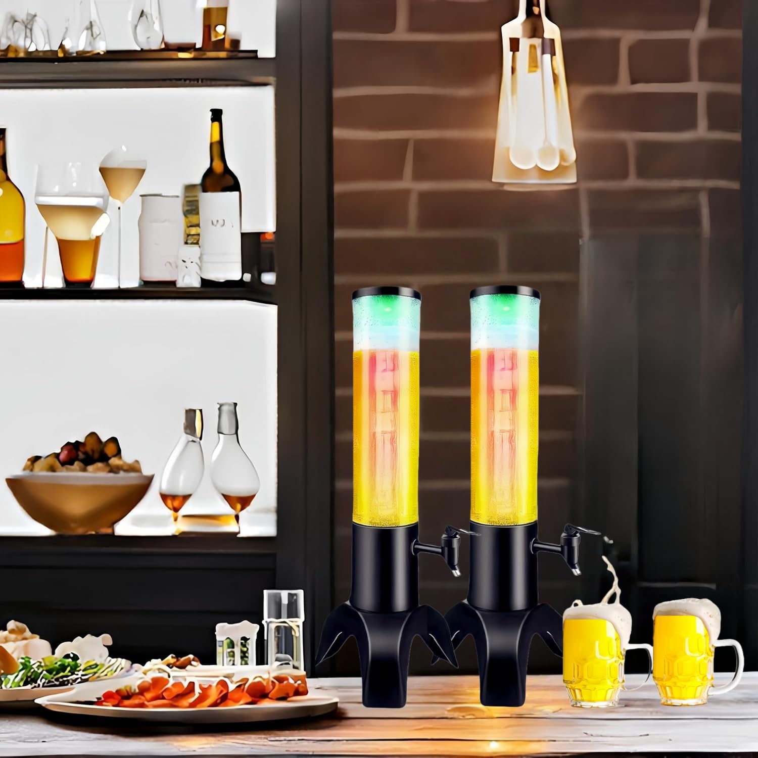 Torre de bebidas: dispensador de torre de mimosa de 1.5 L con tubo de hielo y luz LED, dispensador de cerveza de mesa de 50 onzas/1.58 cuartos de galón para fiestas, bares, pubs, restaurantes